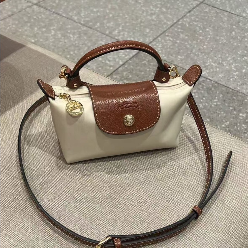 Longchamp Mini Le Pliage Beige Canvas Crossbody Tote Bag Brown Leather Trim